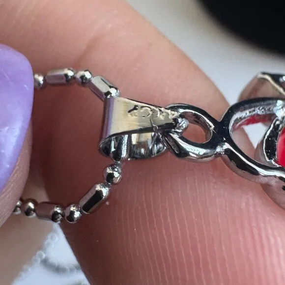 925 Sterling Silver Chain Red Cabochon Pendant Necklace - Picture 8 of 11